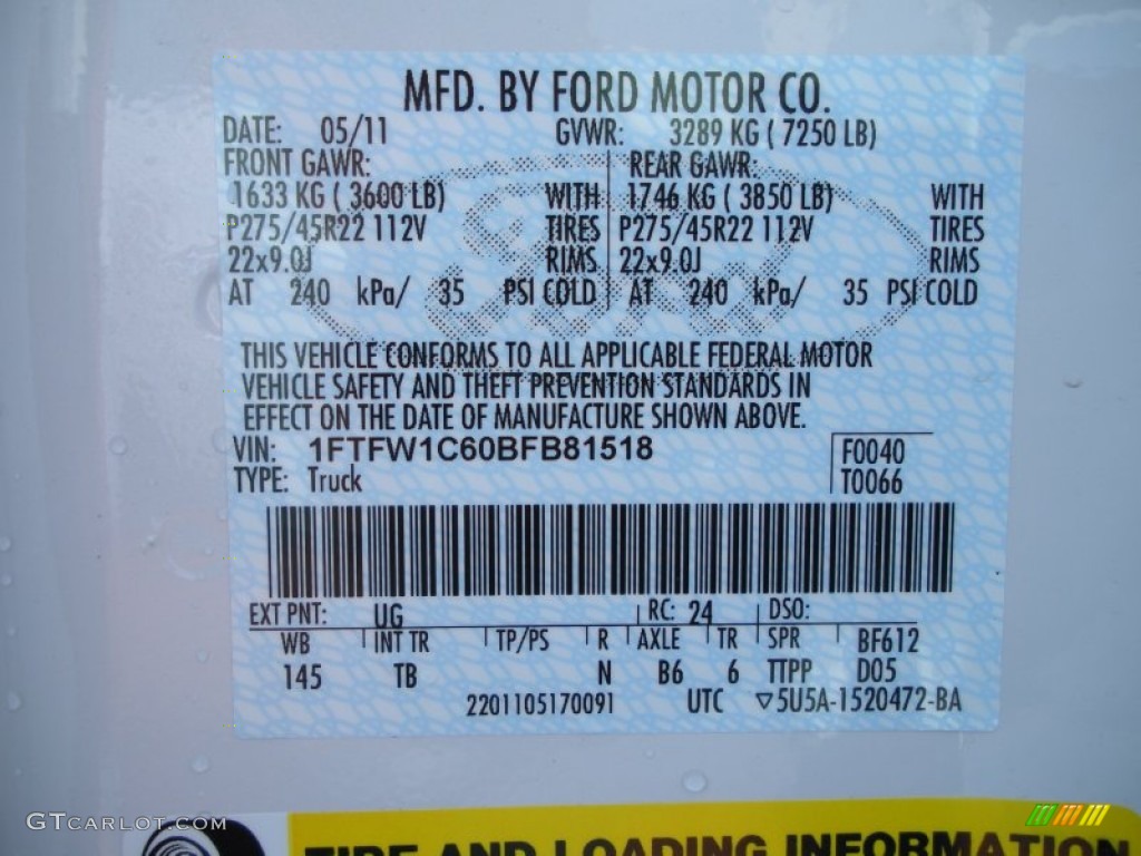 2011 F150 Color Code UG for White Platinum Metallic Tri-Coat Photo #50320509