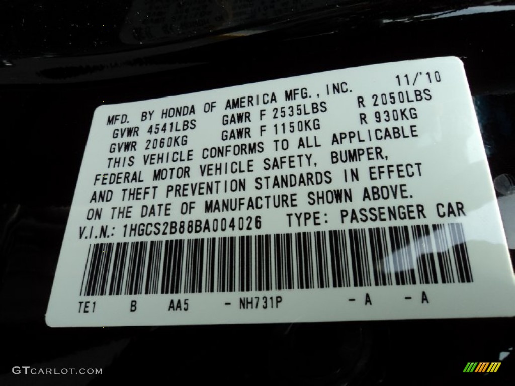 2011 Accord Color Code NH731P for Crystal Black Pearl Photo #50322153