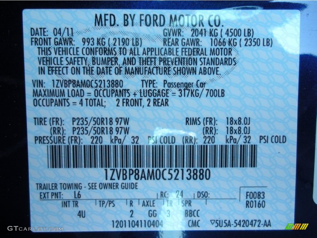 2012 Mustang Color Code L6 for Kona Blue Metallic Photo #50322732
