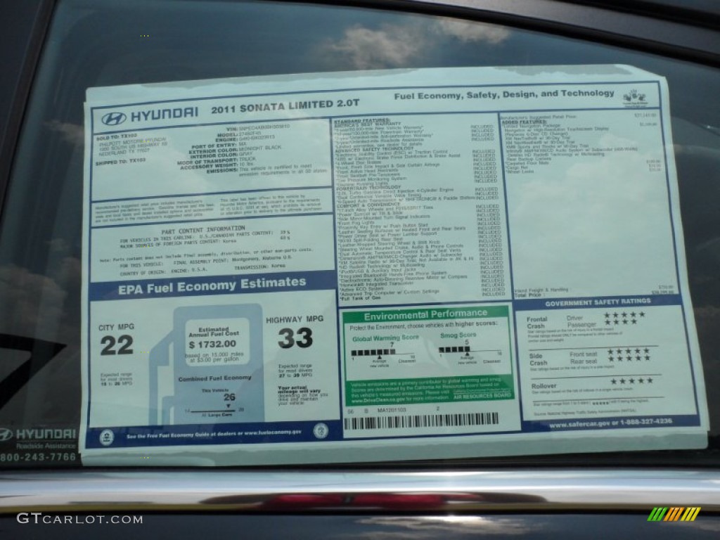 2011 Sonata Limited 2.0T - Midnight Black / Gray photo #41