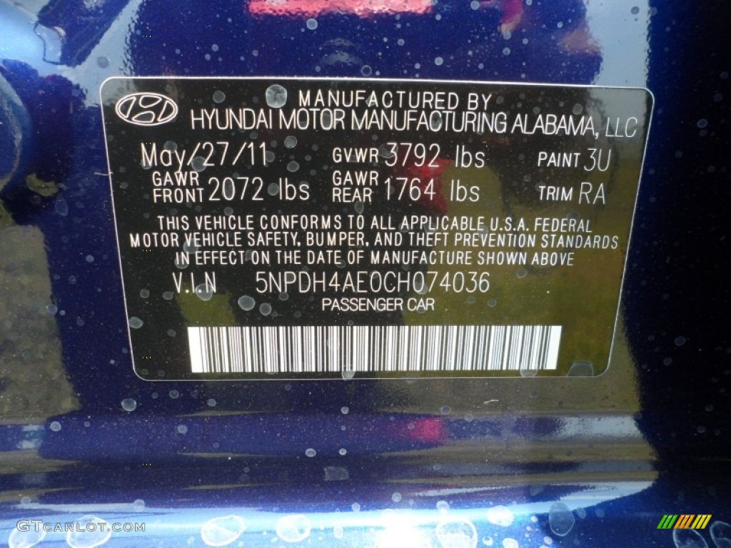 2012 Elantra Color Code 3U for Indigo Night Blue Photo #50338256