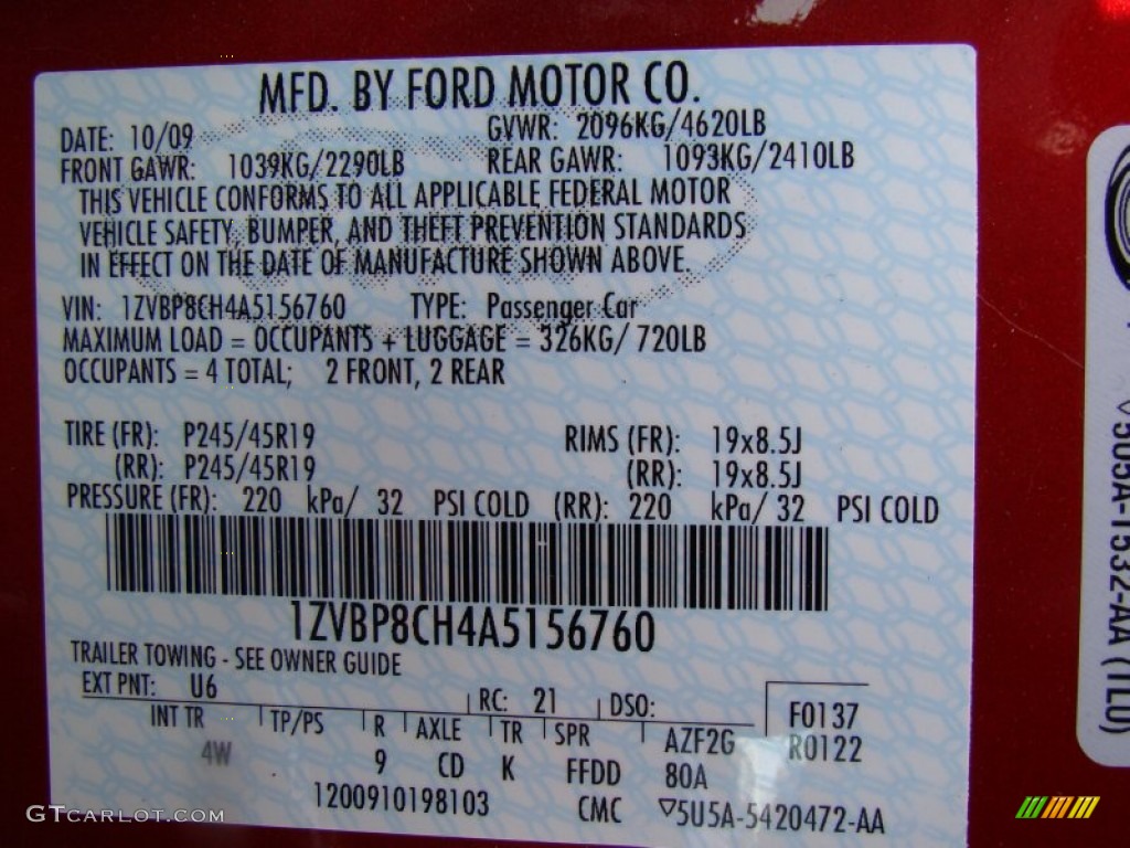 2010 Mustang Color Code U6 for Red Candy Metallic Photo #50361279