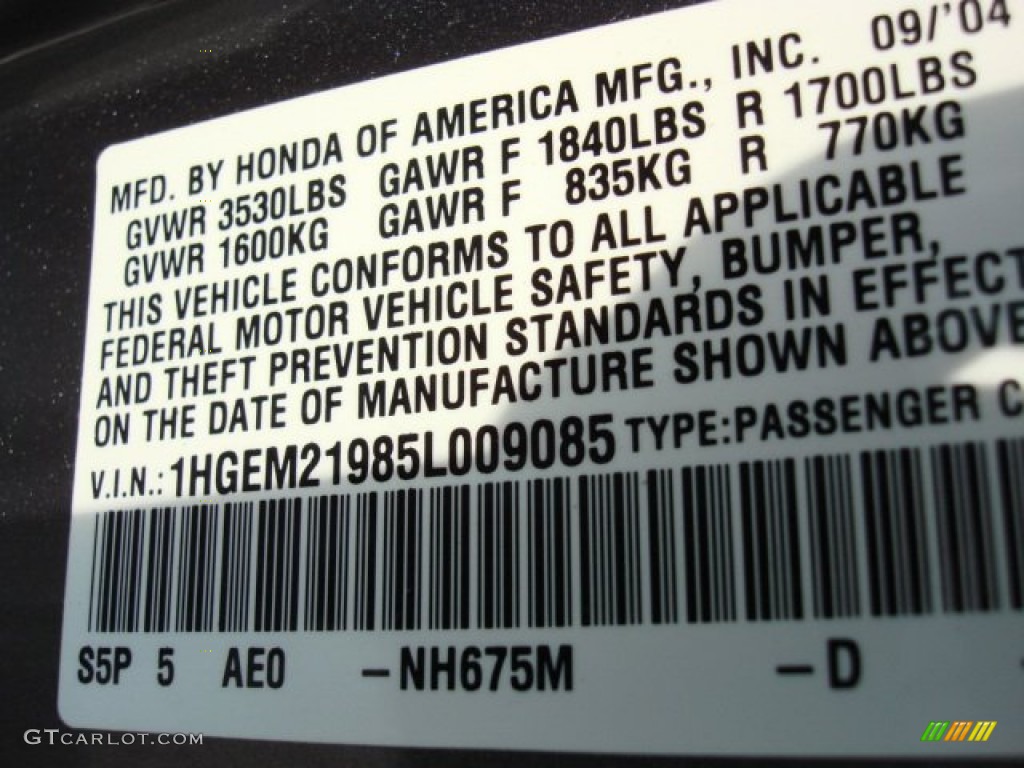 2005 Civic Color Code NH675M for Magnesium Metallic Photo #50364234