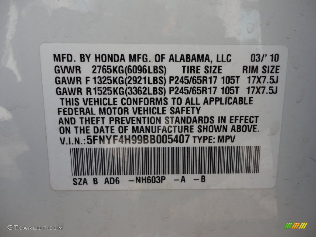 2011 Pilot Color Code NH603P for White Diamond Pearl Photo #50368292