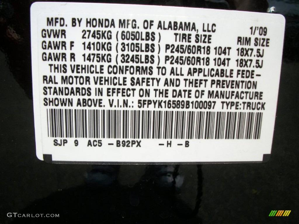 2009 Honda Ridgeline RTL Color Code Photos