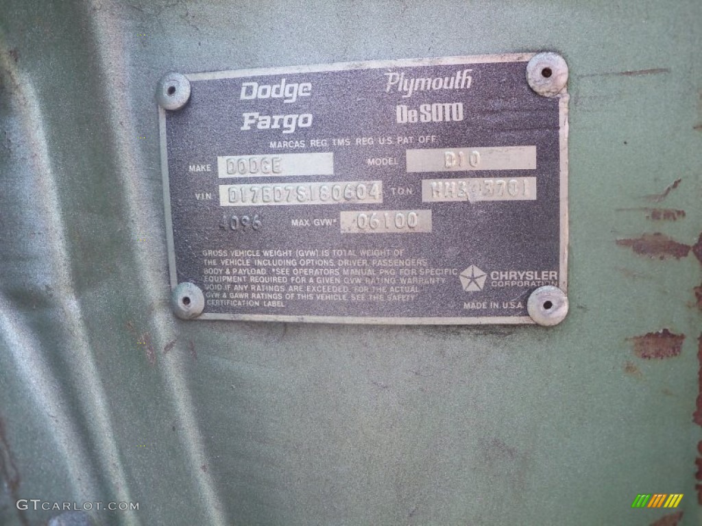 1977 Dodge D Series Truck D100 Club Cab Adventurer Info Tag Photo #50394855