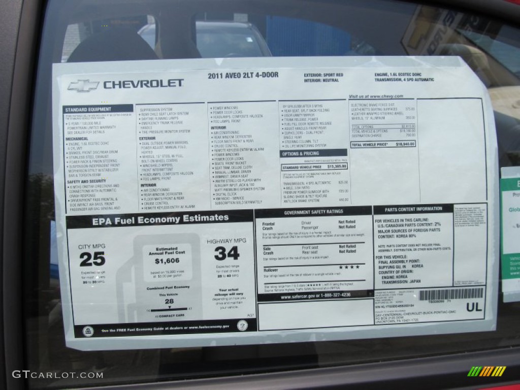 2011 Chevrolet Aveo LT Sedan Window Sticker Photo #50400309