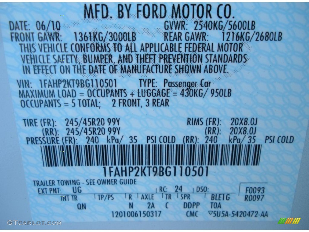 2011 Taurus Color Code UG for White Platinum Tri-Coat Photo #50412451
