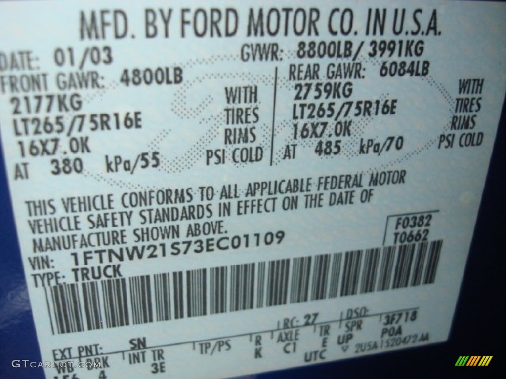2003 F250 Super Duty Color Code SN for Sonic Blue Metallic Photo #50444237