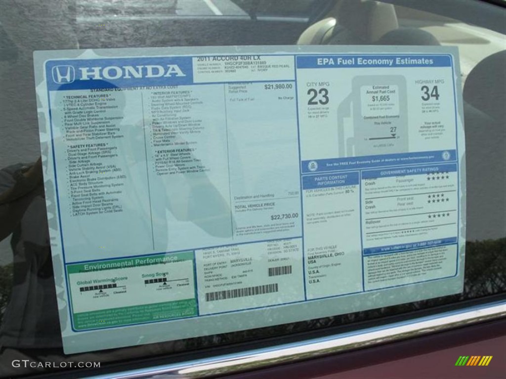 2011 Honda Accord LX Sedan Window Sticker Photo #50456054