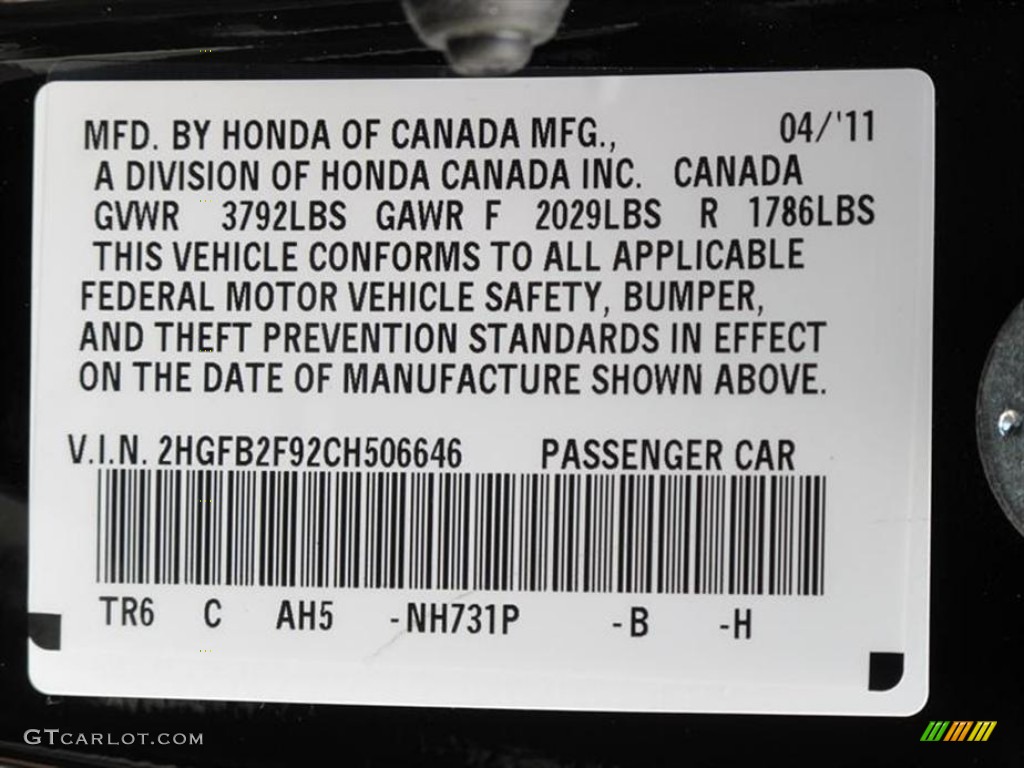 2012 Civic Color Code NH731P for Crystal Black Pearl Photo #50456222