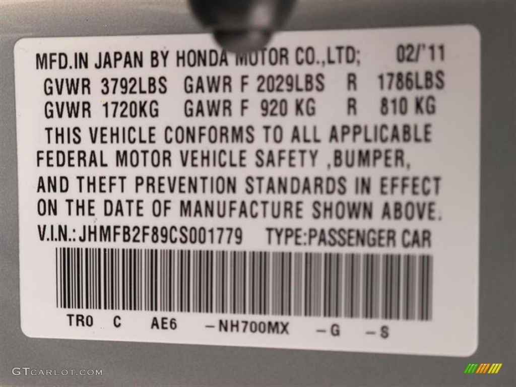 2012 Civic Color Code NH700MX for Alabaster Silver Metallic Photo #50456984