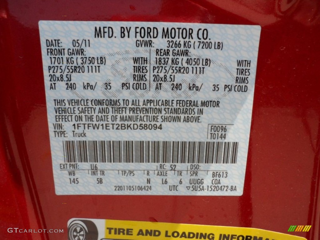 2011 F150 Color Code U6 for Red Candy Metallic Photo #50467201