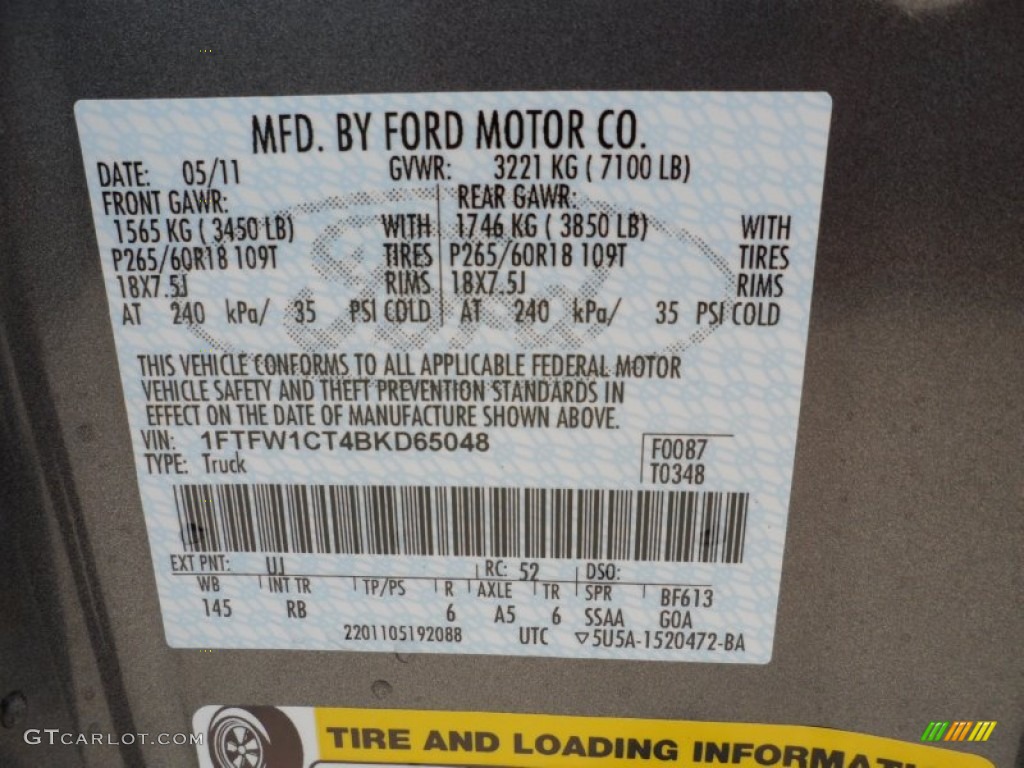 2011 F150 Color Code UJ for Sterling Grey Metallic Photo #50467768