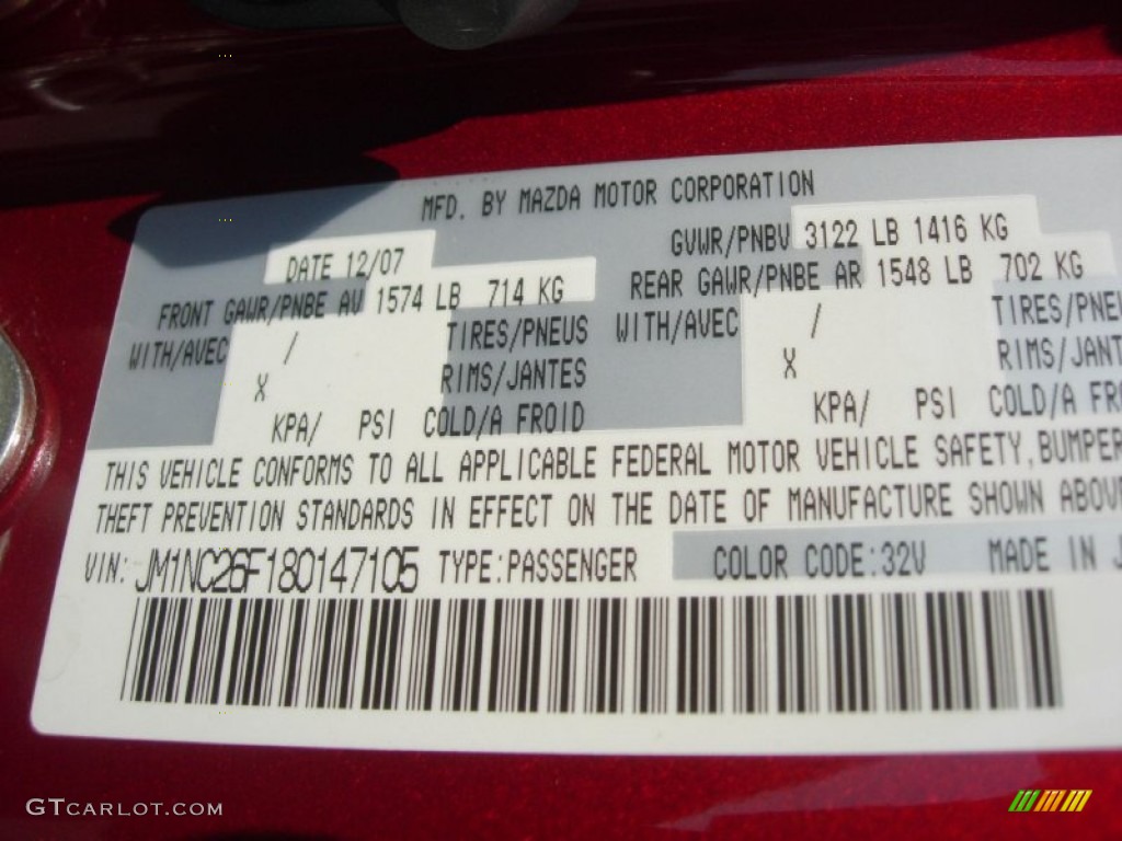 2008 MX-5 Miata Color Code 32V for Copper Red Mica Photo #50483695
