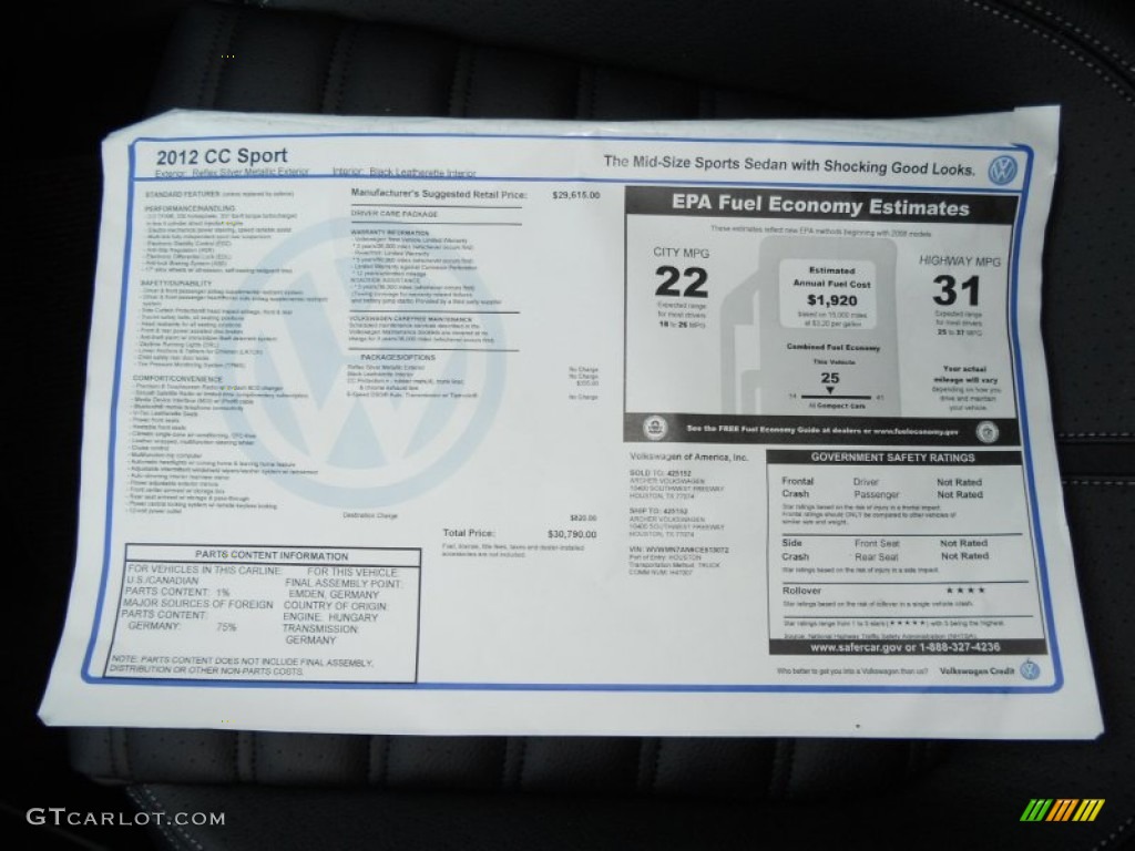 2012 Volkswagen CC Sport Window Sticker Photo #50488888