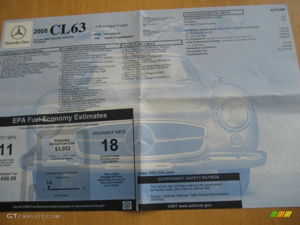 2008 Mercedes-Benz CL 63 AMG Window Sticker Photo #50496007