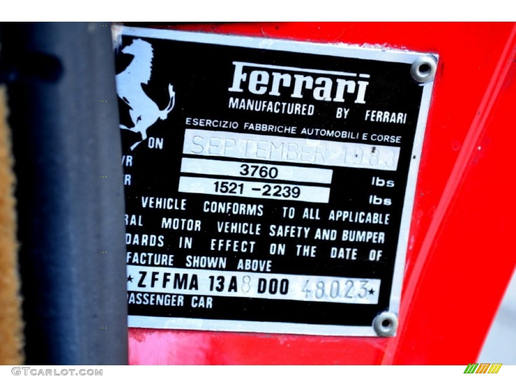 1983 Ferrari 308 GTSi Quattrovalvole Info Tag Photos
