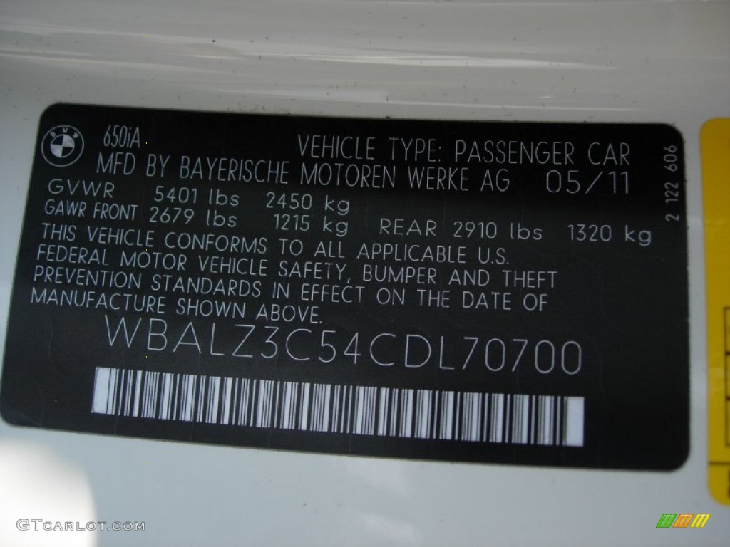 2012 BMW 6 Series 650i Convertible Info Tag Photo #50529508