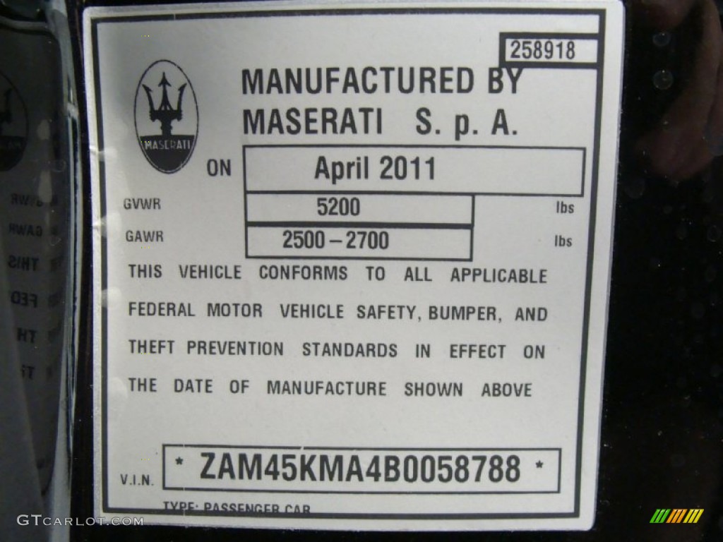 2011 Maserati GranTurismo Convertible GranCabrio Info Tag Photo #50535919