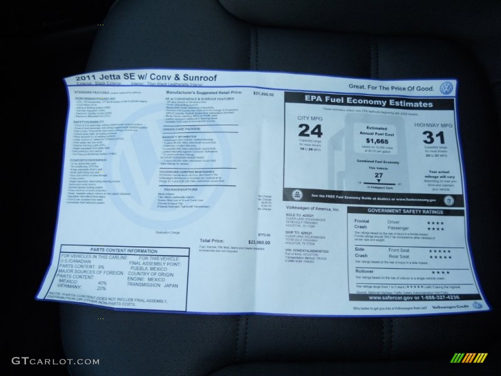 2011 Volkswagen Jetta SE Sedan Window Sticker Photo #50536333