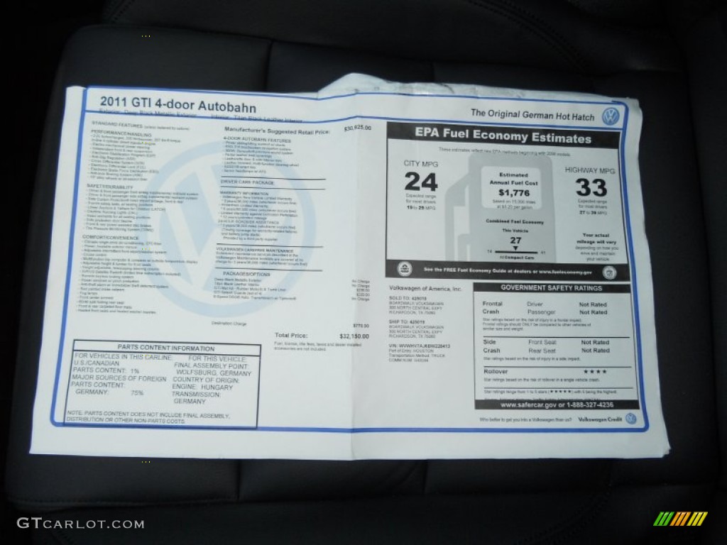 2011 Volkswagen GTI 4 Door Autobahn Edition Window Sticker Photos