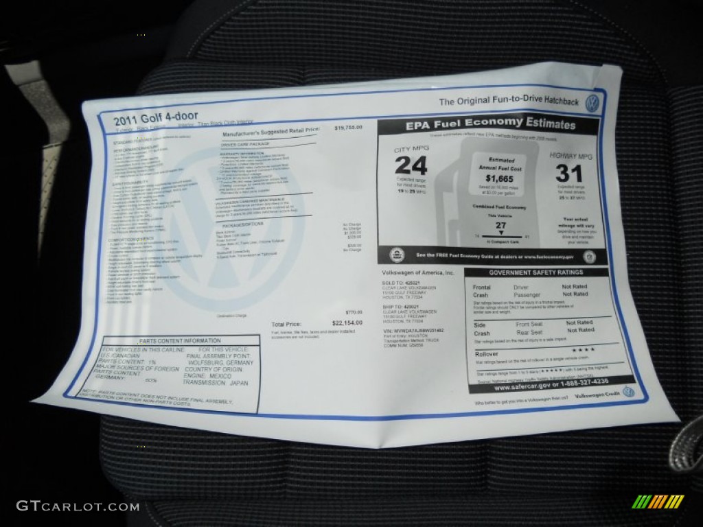 2011 Volkswagen Golf 4 Door Window Sticker Photo #50538109