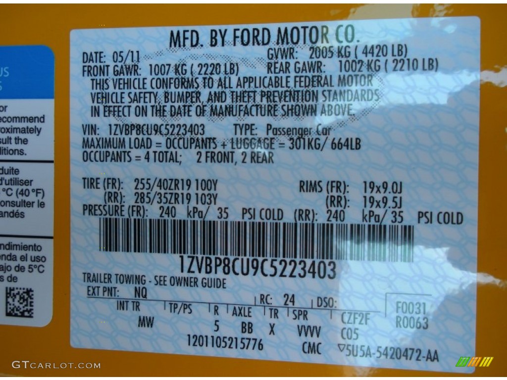 2012 Mustang Color Code NQ for Yellow Blaze Metallic Tri-Coat Photo #50551753