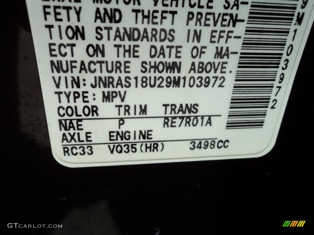 2009 Infiniti FX 35 Color Code Photos