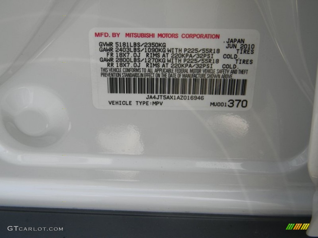 2010 Mitsubishi Outlander GT 4WD Info Tag Photo #50599940