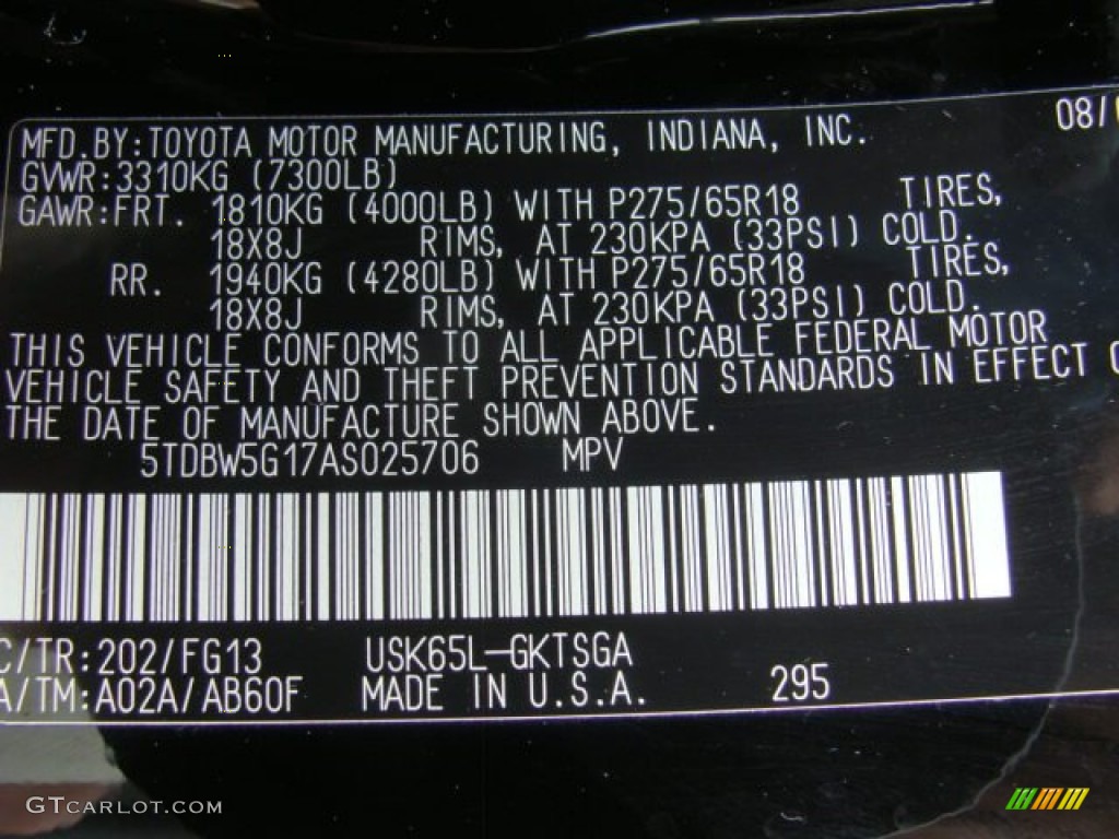 2010 Sequoia Color Code 202 for Black Photo #50610180