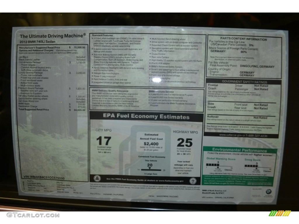 2012 BMW 7 Series 740Li Sedan Window Sticker Photo #50616000