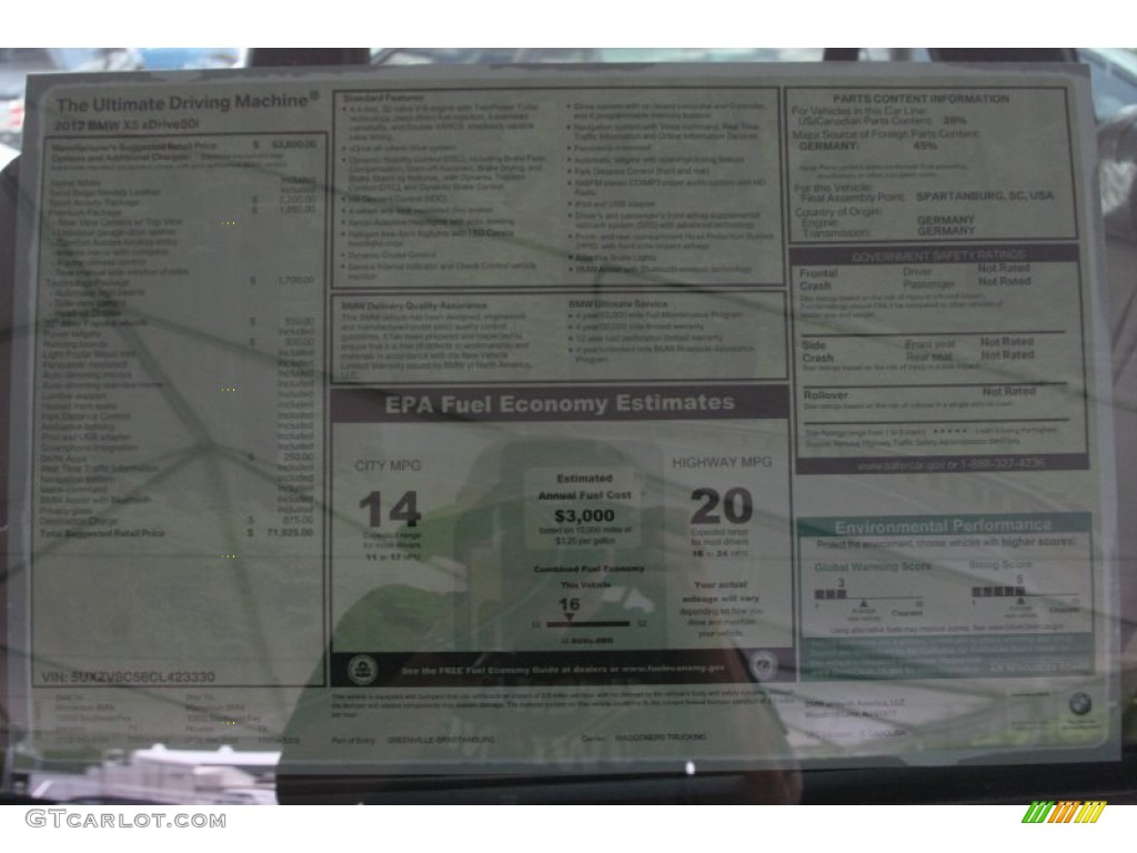 2012 BMW X5 xDrive50i Window Sticker Photo #50616867