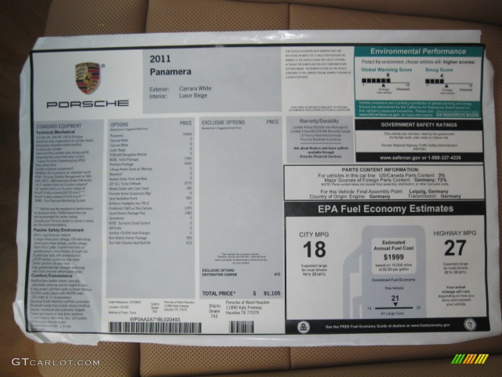 2011 Porsche Panamera V6 Window Sticker Photo #50618493