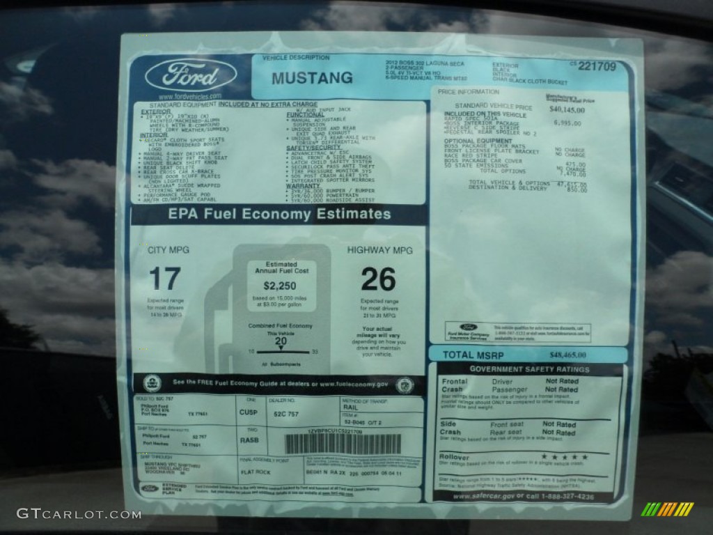 2012 Ford Mustang Boss 302 Laguna Seca Window Sticker Photo #50667743