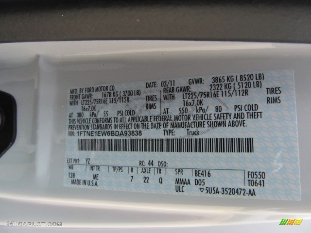 2011 E Series Van Color Code YZ for Oxford White Photo #50673182