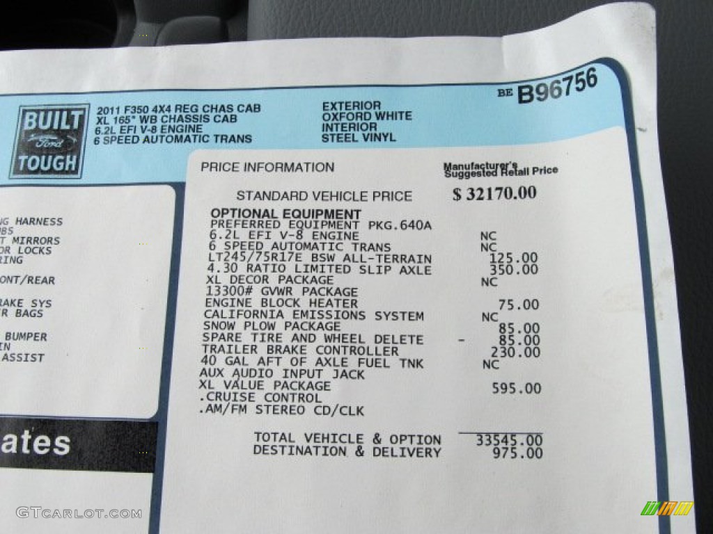 2011 Ford F350 Super Duty XL Regular Cab 4x4 Chassis Stake Truck Window Sticker Photo #50673848