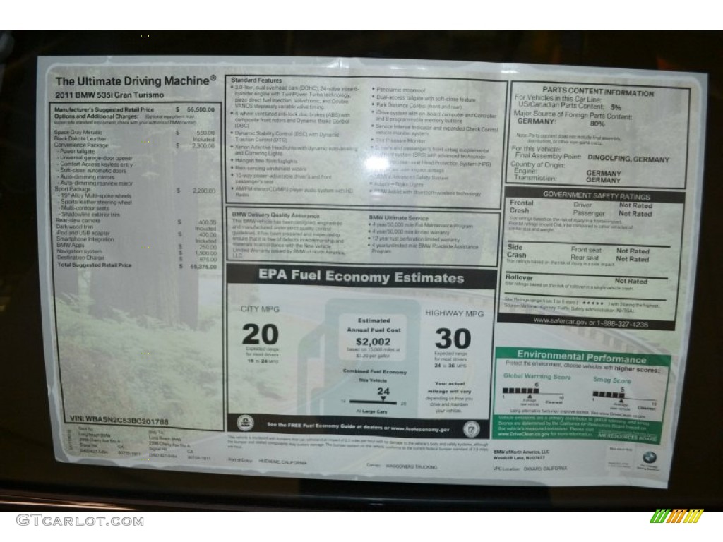 2011 BMW 5 Series 535i Gran Turismo Window Sticker Photo #50676002