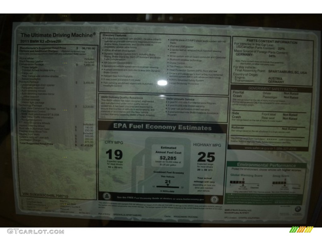 2011 BMW X3 xDrive 28i Window Sticker Photos