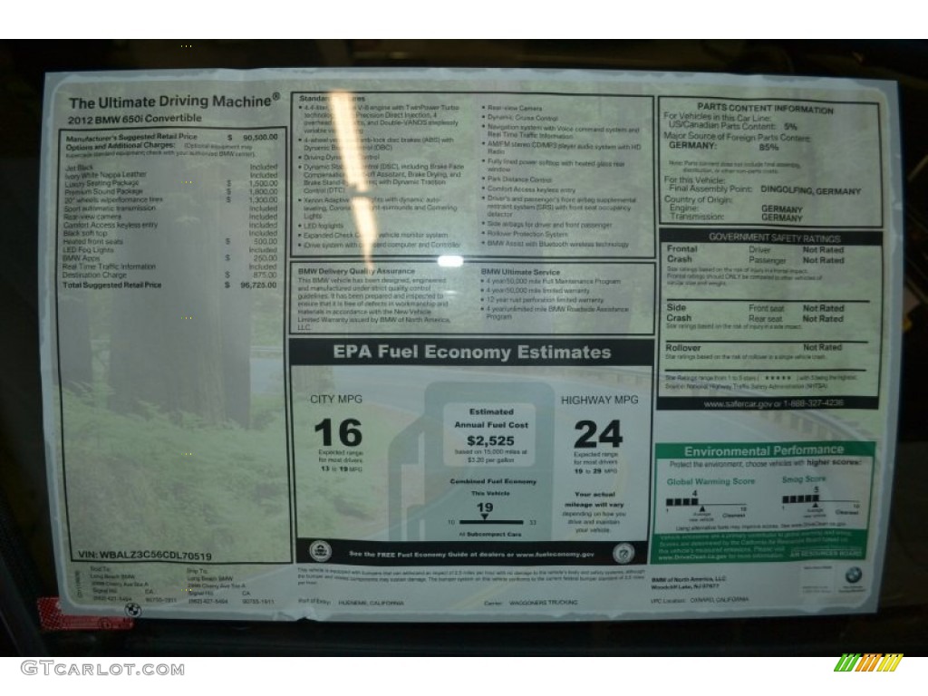2012 BMW 6 Series 650i Convertible Window Sticker Photo #50676893