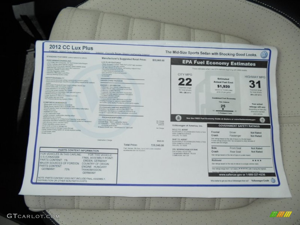 2012 Volkswagen CC Lux Plus Window Sticker Photo #50683166