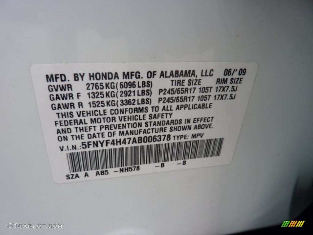 2010 Pilot Color Code NH578 for Taffeta White Photo #50702494