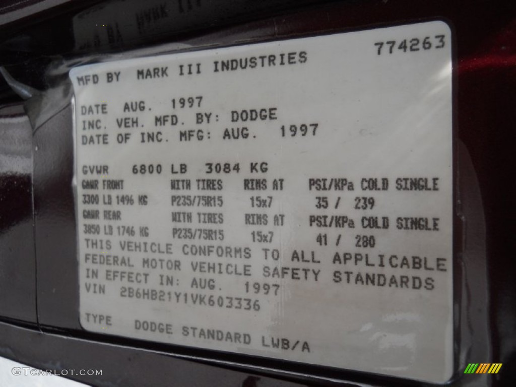 1997 Dodge Ram Van 2500 Conversion Info Tag Photo #50702842