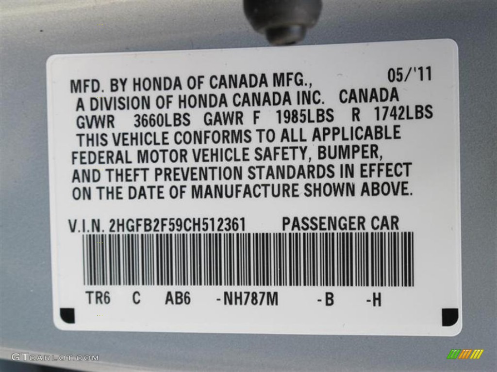 2012 Civic Color Code NH787M for Cool Mist Metallic Photo #50714110