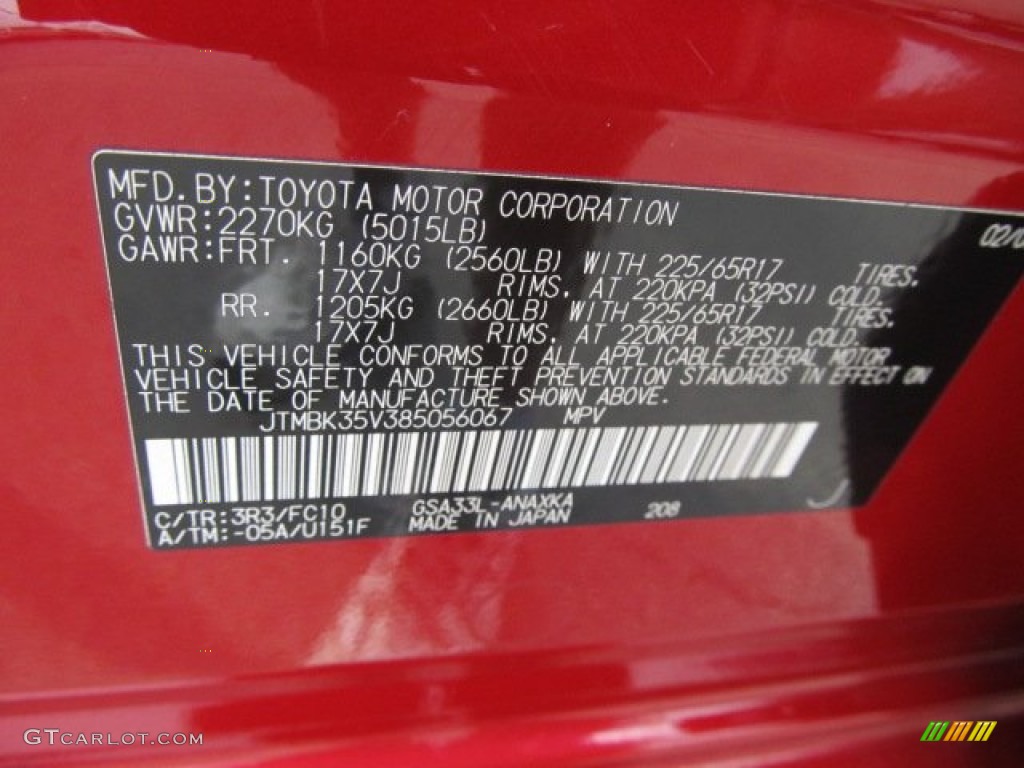 2008 RAV4 Color Code 3R3 for Barcelona Red Pearl Photo #50737941