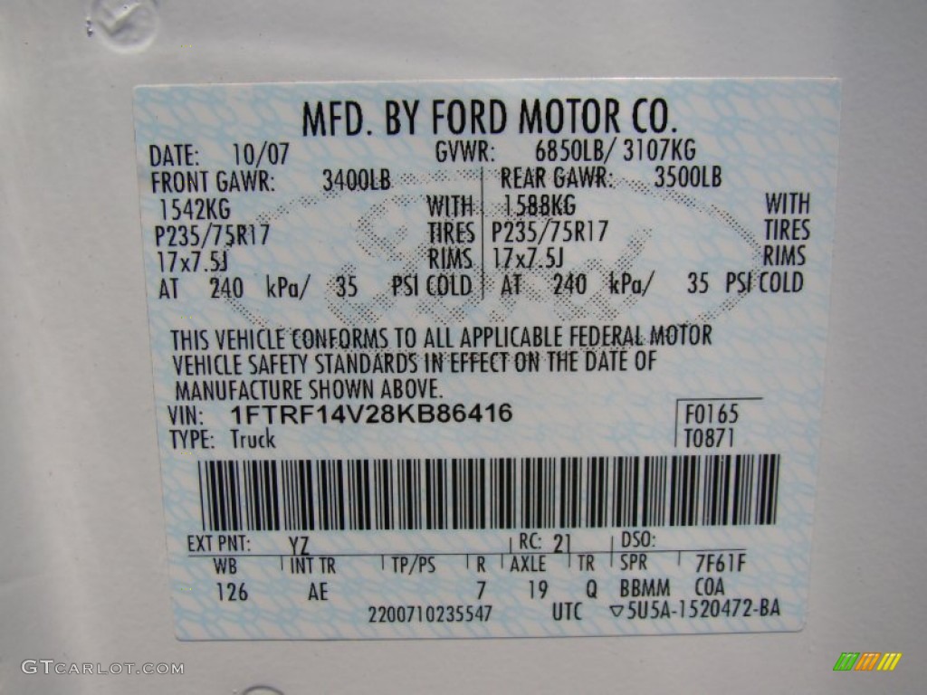 2008 F150 Color Code YZ for Oxford White Photo #50782290