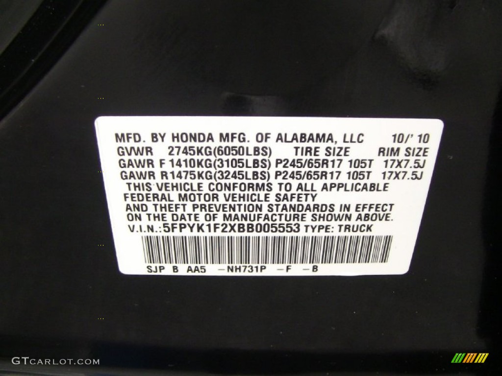2011 Ridgeline Color Code NH731P for Crystal Black Pearl Photo #50794434