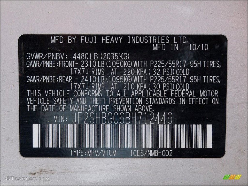 2011 Subaru Forester 2.5 X Limited Info Tag Photo #50808300