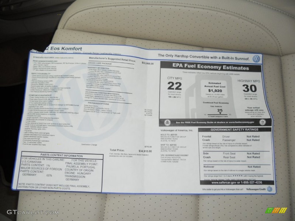 2012 Volkswagen Eos Komfort Window Sticker Photo #50812779
