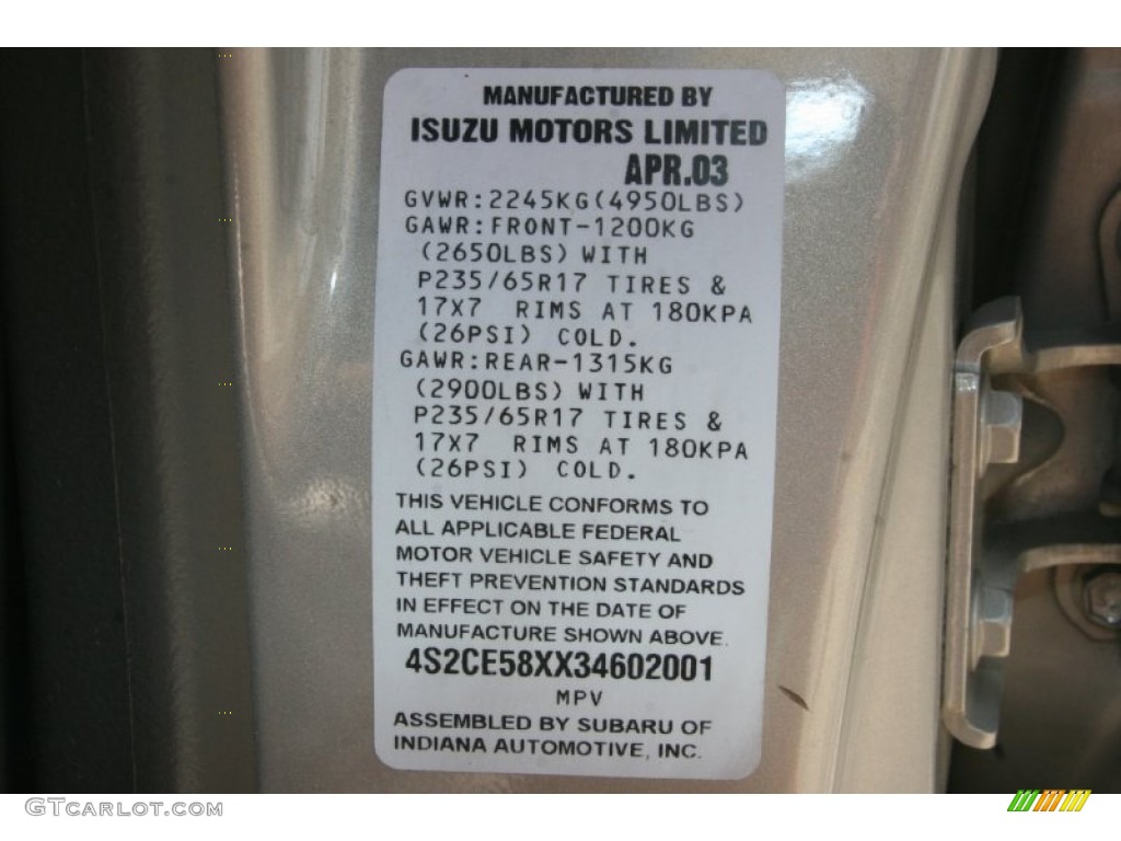 2003 Isuzu Axiom S 2WD Info Tag Photos
